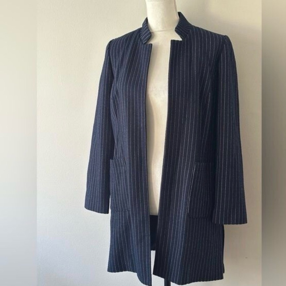 Chico’s Navy Blue White Stitched Pinstripe Open Front Longline Boyfriend Blazer